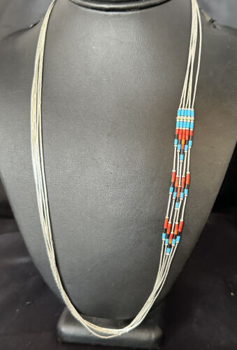 Multi-Color Liquid Silver Heishi Necklace | 5-Strand Sterling Tubes | 25" | Authentic Native American Handmade | 15136