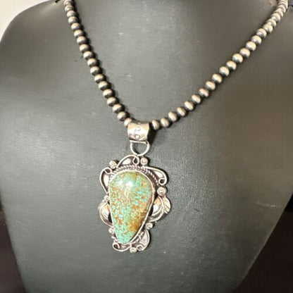 Navajo Blue Turquoise #8 Pendant | Sterling Silver Pearls Necklace | Authentic Native American Handmade | 15902