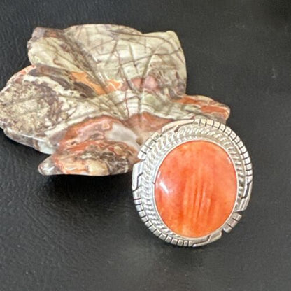 Navajo Orange Spiny Oyster Ring | Sterling Silver | Sz 8 | Authentic Native American Handmade | 16035
