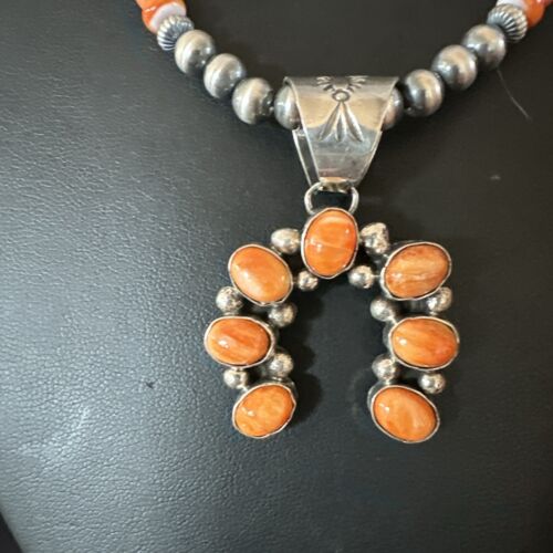 Navajo Pearls Orange Spiny Oyster Naja Pendant | Sterling Silver Necklace | Authentic Native American Handmade | 16804