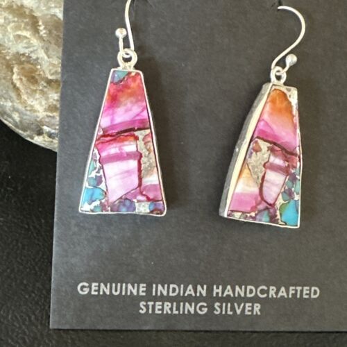 Navajo Blue Turquoise Purple Spiny Oyster Inlay Dangle Earrings | Sterling Silver | 15563