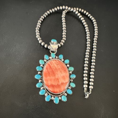 Navajo Kingman Turquoise & Red Spiny Oyster Pendant Necklace | Sterling Silver | 16014