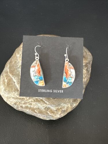 Navajo Blue Turquoise & Orange Spiny Oyster Inlay Dangle Earrings | Sterling Silver | 15584