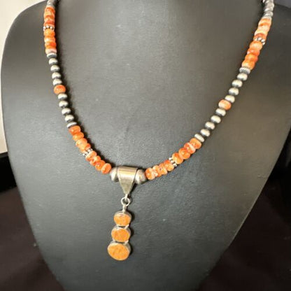 Navajo Orange Spiny Oyster Pendant with Pearls | Sterling Silver Necklace | Authentic Native American Handmade | 15255