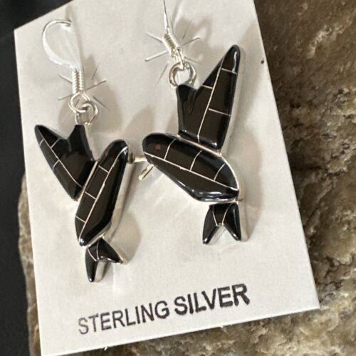 Navajo Black Onyx Hummingbird Earrings | Sterling Silver | 1" | Authentic Native American Handmade | 15090