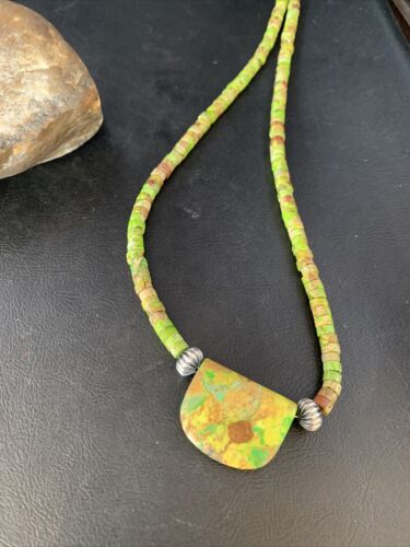 Navajo Green Gaspeite Turquoise Pendant | Sterling Silver | Authentic Native American Handmade | 13772