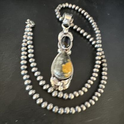 Men's Navajo Pearls Onyx Bumblebee Jasper Pendant | Sterling Silver | Multi-Stone Necklace | 15414