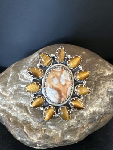 Navajo Coffee Tiger's Eye Cluster Ring | Authentic Native American Sterling Silver | Multi-Stone | Sz 9 | 15183