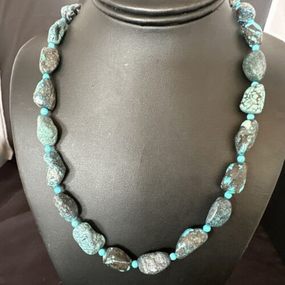 Navajo Blue Nugget Turquoise Bead Necklace | Sterling Silver Pearls | 20" | Authentic Native American Handmade | 16002
