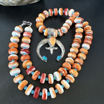 Navajo Blue Turquoise Spiny Oyster Naja Pendant Necklace | Sterling Silver | Authentic Native American Handmade | 16262