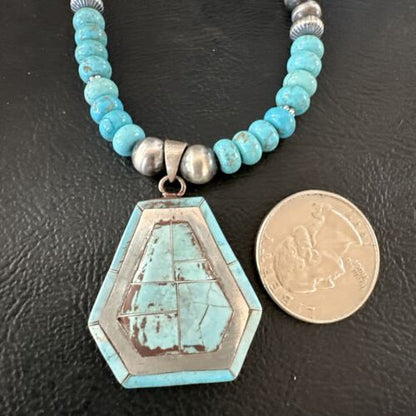 Navajo Turquoise Inlay Pendant Necklace | Sterling Silver | Authentic Native American Handmade | 17078