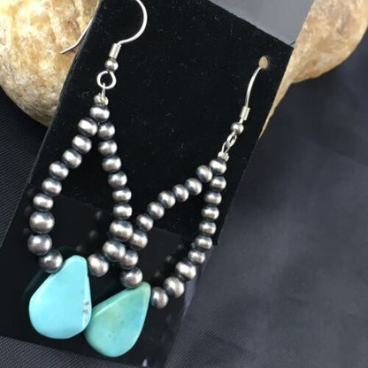 Navajo Blue Cluster Turquoise Dangle Earrings | Sterling Silver | 2" | Authentic Native American Handmade | 1983