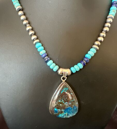 Blue Turquoise Jasper Pendant | Lapis Navajo Pearls | Sterling Silver Necklace 16927