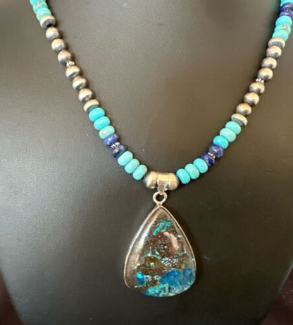 Blue Turquoise Jasper Pendant | Lapis Navajo Pearls | Sterling Silver Necklace 16927 - Masha USA