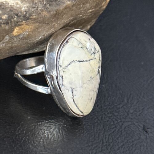 Men's Navajo White Buffalo Turquoise Ring | Sterling Silver | Sz 8.5 | Authentic Native American Handmade | 14744 - Masha USA