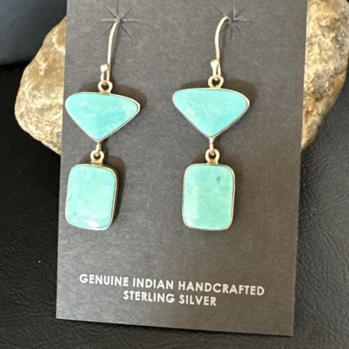 Navajo Blue Kingman Turquoise Dangle Earrings | Sterling Silver | Authentic Native American Handmade | 15121