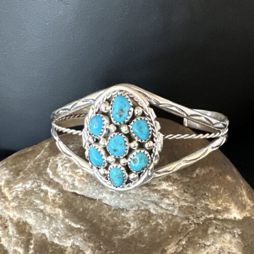 Navajo Blue Turquoise Cluster Bracelet | Sterling Silver | Authentic Native American Handmade | 15069