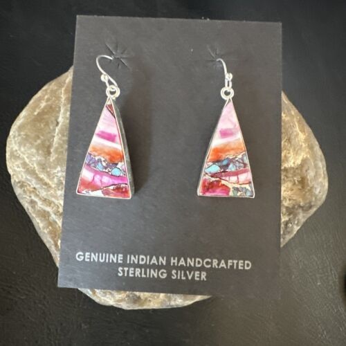 Navajo Blue Turquoise & Purple Spiny Oyster Inlay Dangle Earrings | Sterling Silver | 15564