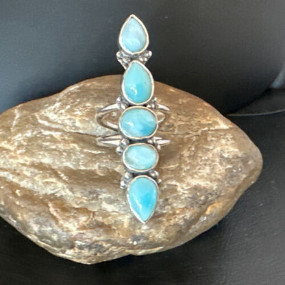 Navajo Blue Larimar Multi-Stone Ring | Authentic Native American Sterling Silver | Multi-Stone | Sz 8.5 | 15970