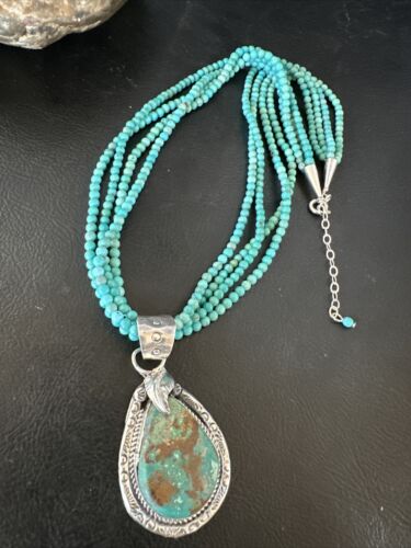 Blue Turquoise Pendant | Navajo Pearls | Sterling Silver Bead Necklace 17" | Multi-Strand | 15994