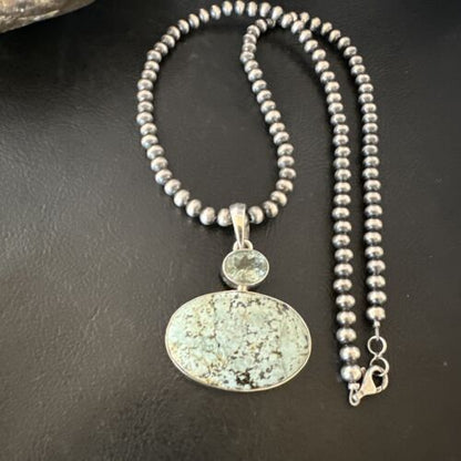 Navajo Dry Creek Turquoise Topaz Pendant Necklace | Sterling Silver | Authentic Native American Handmade | 16316