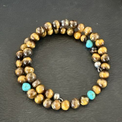 Navajo Blue Turquoise Coffee Tiger's Eye Bracelet | Stainless Steel Memory Wire | Authentic Native American Handmade | 17627