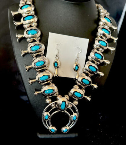 Navajo Turquoise Shadowbox Squash Blossom Necklace & Earrings | Sterling Silver | 16542
