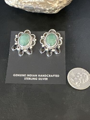 Navajo Black Onyx Green Jade Earrings | Sterling Silver | 1" | Authentic Native American Handmade | 15333