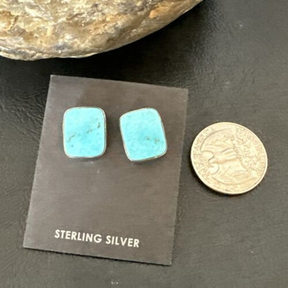Navajo Blue Kingman Turquoise Post Stud Earrings | Sterling Silver | Authentic Native American Handmade | 17469