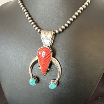 Navajo Blue Turquoise Red Spiny Oyster Naja Pendant | Sterling Silver | Authentic Native American Handmade | 16409