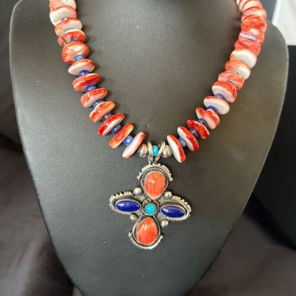 Navajo Red Spiny Oyster Lapis Pendant Necklace | Sterling Silver | Multi-Stone | 17668
