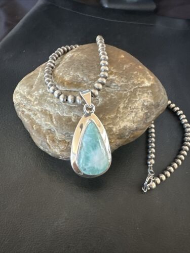 Navajo Blue Larimar Pendant Necklace | Sterling Silver Beads | Authentic Native American Handmade | 17564