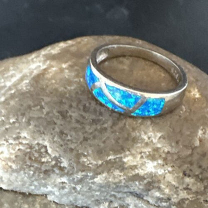 Navajo Blue Opal Inlay Ring | Sterling Silver | Sz 8 | Authentic Native American Handmade | 17155