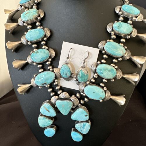 Kingman Turquoise Navajo Squash Blossom Necklace & Earrings | Sterling Silver | Native American Handmade | 16537