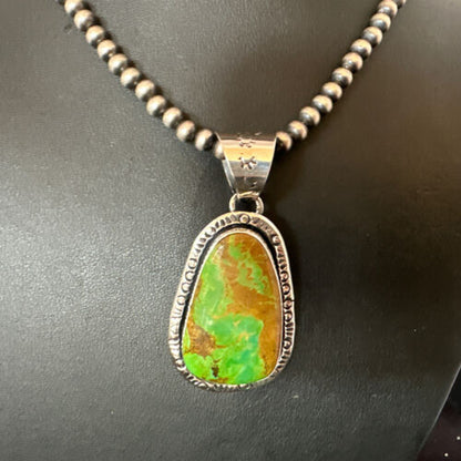 Navajo Green Gaspeite Pendant Necklace | Sterling Silver | Authentic Native American Handmade | 16359