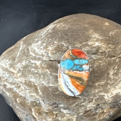 Navajo Turquoise Spiny Oyster Ring | Sterling Silver | Sz 8 | Authentic Native American Handmade | 16609 - Masha USA