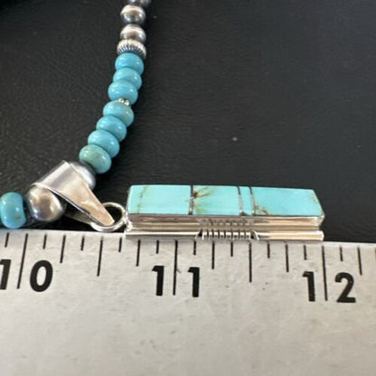 Navajo Blue Kingman Turquoise Inlay Pendant Necklace | Sterling Silver | 21" | Authentic Native American Handmade | 16930
