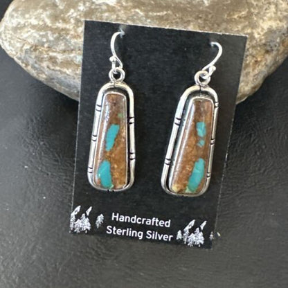Navajo Blue Boulder Turquoise Dangle Earrings | Sterling Silver | Authentic Native American Handmade | 16499