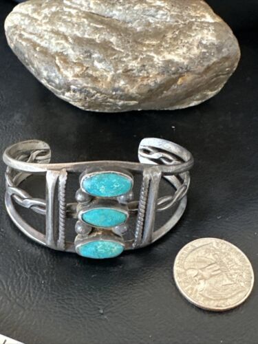 Women's Navajo Sterling Silver Cuff Bracelet | Blue Arizona Turquoise | 3 Stone | 16430