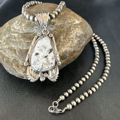Navajo White Buffalo Turquoise Pendant Necklace | Sterling Silver | Authentic Native American Handmade | 17520