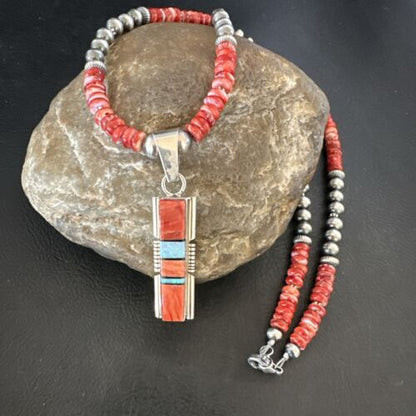 Red Spiny Oyster Opal Inlay Pendant Necklace | Navajo Sterling Silver | 16886