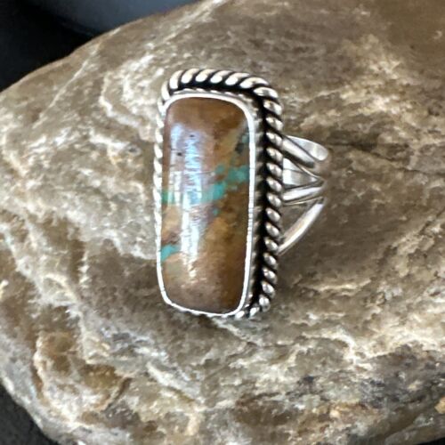 Navajo Ribbon Boulder Green Turquoise Ring | Sterling Silver | Sz 8 | Authentic Native American Handmade | 16384