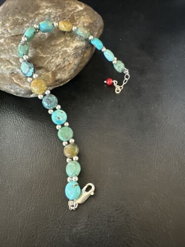 Women's Blue Turquoise Bead Bracelet | Southwestern Sterling Silver Link | 8" | 17570