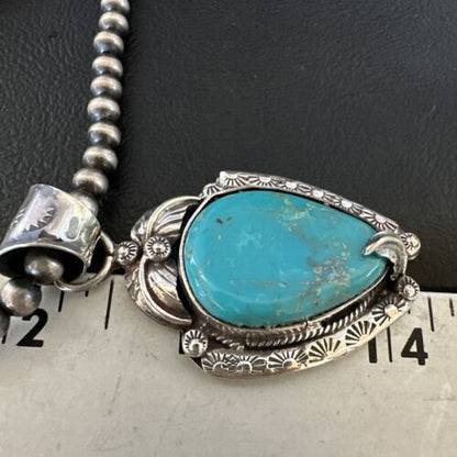 Navajo Blue Turquoise Pendant Necklace | Sterling Silver Pearls | Authentic Native American Handmade | 15646