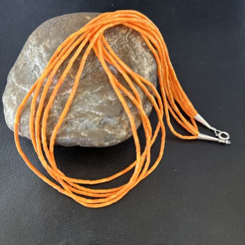 Navajo Orange Coral Tube Heishi Bead Necklace | 5 Strand | Sterling Silver | 20" | 16066