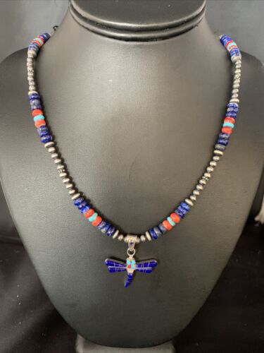 Blue Turquoise & Lapis Dragonfly Pendant Necklace | Navajo Sterling Silver | Authentic Native American Handmade | 13537