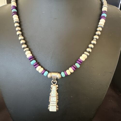 Navajo Opal Inlay Pendant with Turquoise and Sugilite | Sterling Silver Necklace | Authentic Native American Handmade | 16850