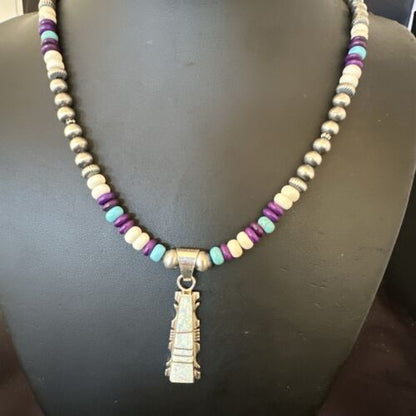 Navajo Opal Inlay Pendant with Turquoise and Sugilite | Sterling Silver Necklace | Authentic Native American Handmade | 16850