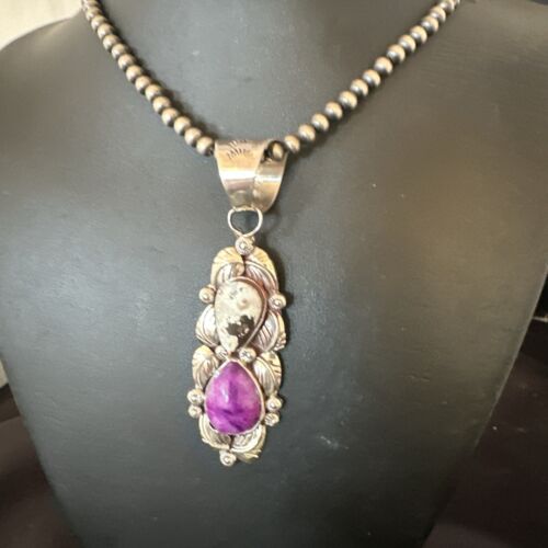 Navajo Pearls Pendant | White Buffalo Turquoise & Sugilite | Sterling Silver | Native American Handmade | 16869