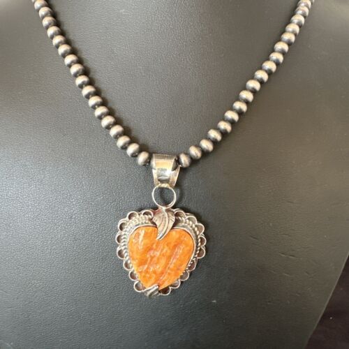 Navajo Orange Spiny Oyster Heart Pendant Necklace | Sterling Silver | Authentic Native American Handmade | 16294 - Masha USA